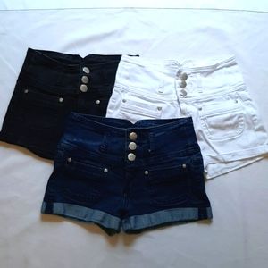3 Pairs Reign High Waisted Button Fly Denim Shorts- White, Blue, Black